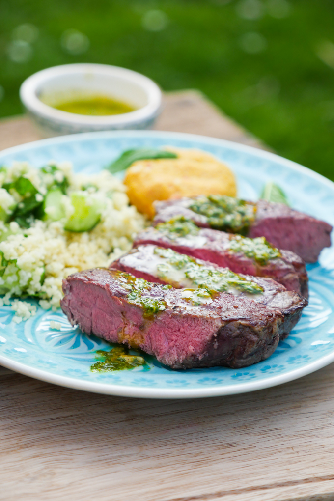  Chermoula beef steaks with pepperoni hummus and spicy cucumber mint couscous 