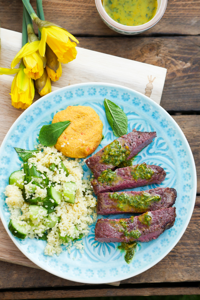 Chermoula beef steak with hummus and cucumber mint couscou s 