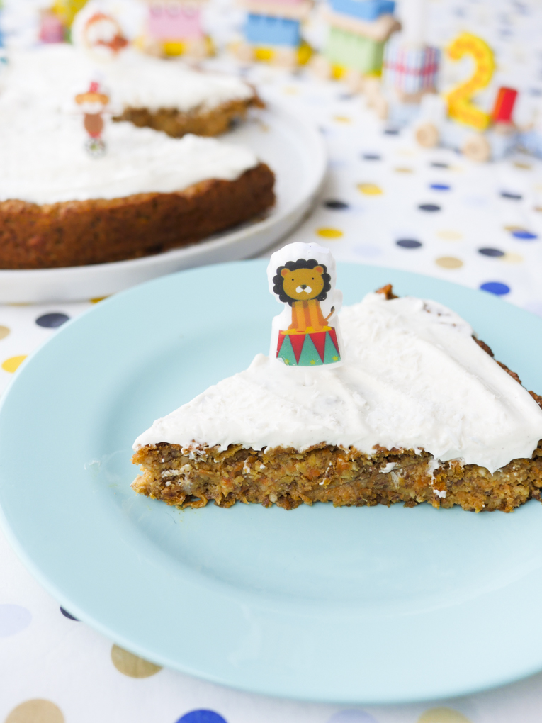  Healthy birthday cake for kids with carrots, apples and hazelnuts 