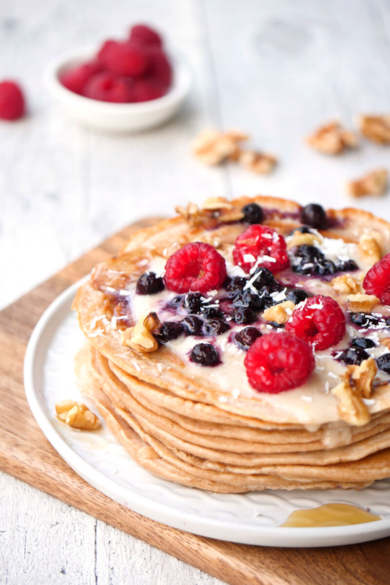 Healthy pancake cake with Banana-almond-musel - breakfast for children 