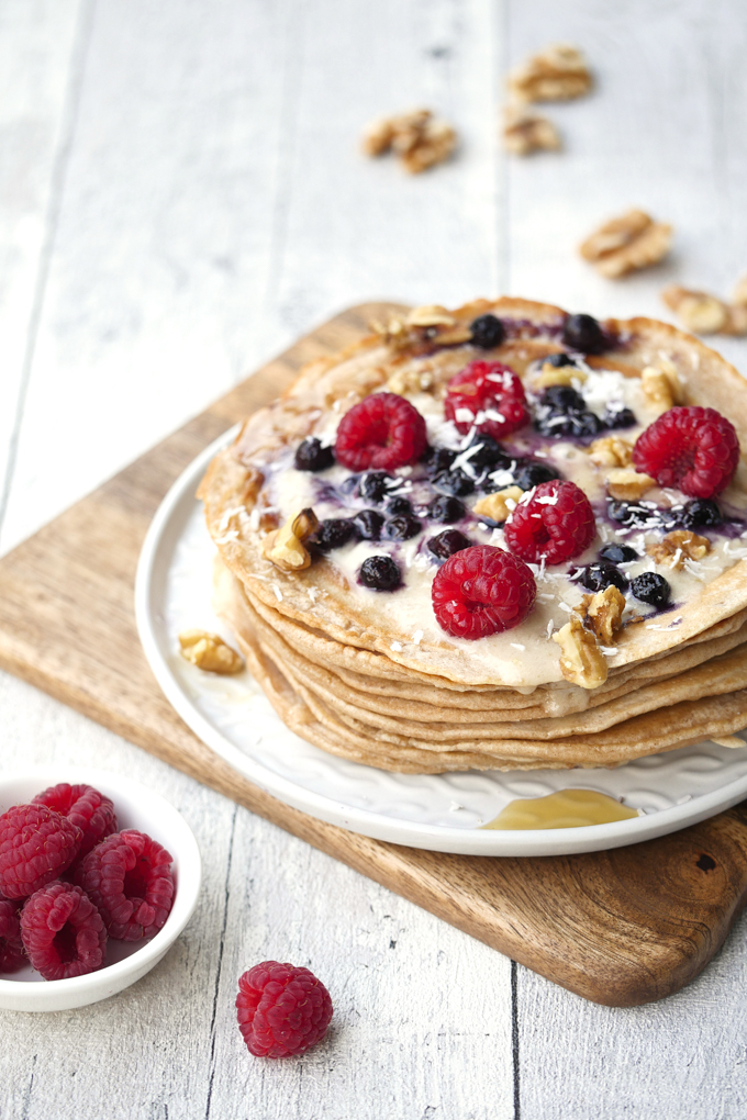 Healthy pancake cake with almond paste