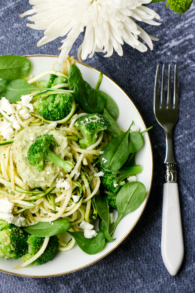 Green zucchini noodles with broccoli and avocado pesto